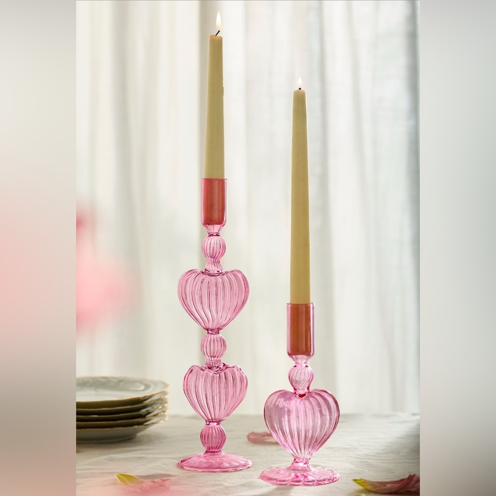 Set of 2 Anthropologie Pink Heart Glass Candle Holder pretty and romantic